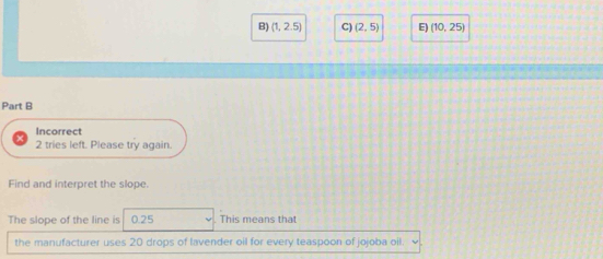 B) (1,2.5) C) (2,5) E) (10,25)
Part B
Incorrect
2 tries left. Please try again.
Find and interpret the slope.
The slope of the line is 0.25 This means that
the manufacturer uses 20 drops of lavender oil for every teaspoon of jojoba oil.