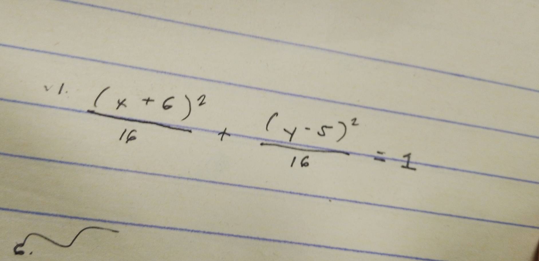 V1.
frac (x+6)^216+frac (y-5)^216=1