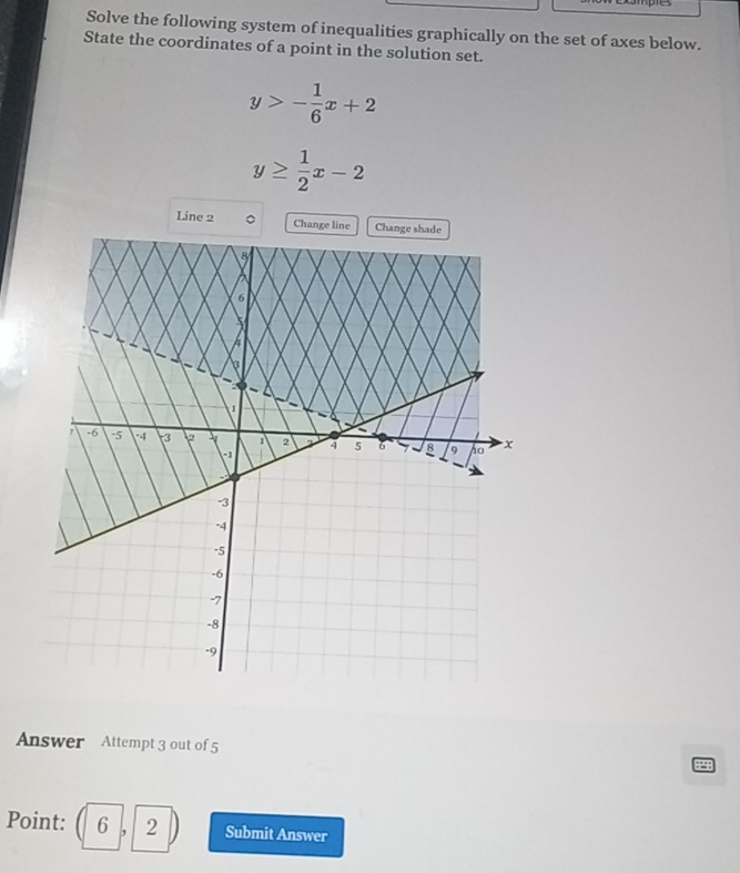 Solve the following system of inequalities graphically on the set of axes below.
State the coordinates of a point in the solution set.
y>- 1/6 x+2
y≥  1/2 x-2
Line 2 。 Change line Change
Answer Attempt 3 out of 5
Point: 6 Submit Answer