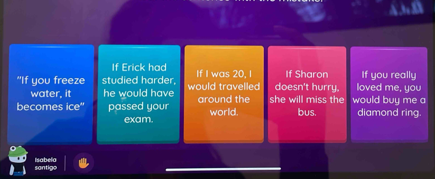 If Erick had If I was 20, I If Sharon If you really
"If you freeze studied harder, would travelled doesn't hurry, loved me, you
water, it he would have
becomes ice" passed your around the she will miss the would buy me a
world. bus. diamond ring.
exam.
Isabela
santigo