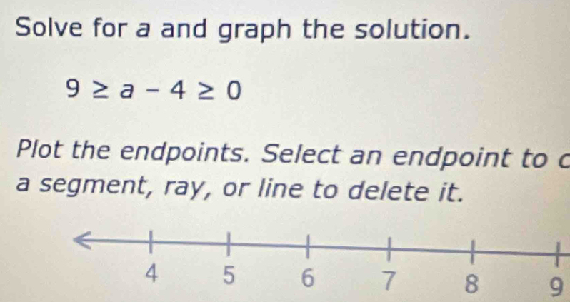 Solve for a and graph the solution.
9≥ a-4≥ 0
Plot the endpoints. Select an endpoint to c
a segment, ray, or line to delete it.
9