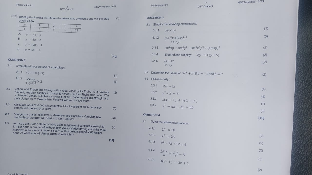 Solved: MDE/November 2024 Mathematics P1 Mathematics P1 5 GET-Grade 9 ...