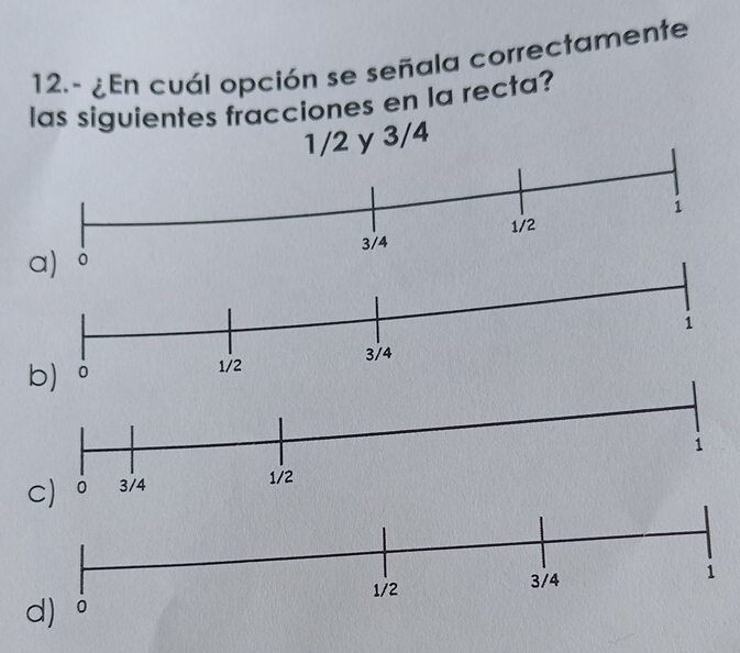 ¿En cuál opción se señala correctamente
las siguientes fracciones en la recta?
3/4
1/2 3/4 1
d) ó