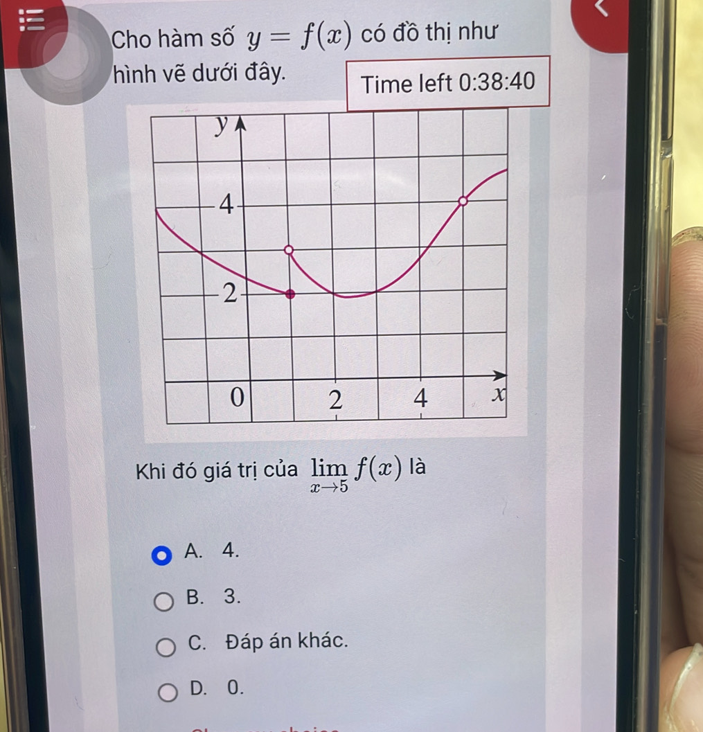 Cho hàm số y=f(x) có đồ thị như
hình vẽ dưới đây.
Time left 0:38:40
Khi đó giá trị của limlimits _xto 5f(x) là
A. 4.
B. 3.
C. Đáp án khác.
D. 0.