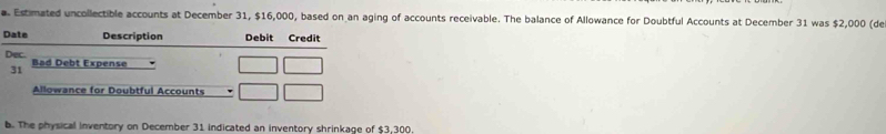 Estimated uncollectible accounts at December 31, $16,000, based on an aging of accounts receivable. The balance of Allowance for Doubtful Accounts at December 31 was $2,000 (de 
Date Description Debit Credit 
Dec. Bad Debt Expense 
31 
Allowance for Doubtful Accounts 
b. The physical inventory on December 31 indicated an inventory shrinkage of $3,300.