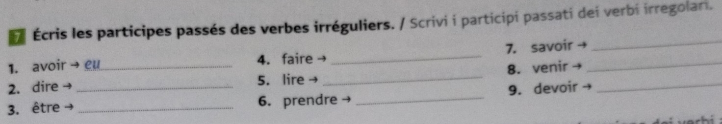 Écris les participes passés des verbes irréguliers. / Scrivi i participi passati dei verbi irregolari. 
1. avoir → eu 4. faire→ _7. savoir 
_ 
2. dire → _5. lire → _8. venir →_ 
3. être __6. prendre → _9. devoir→_