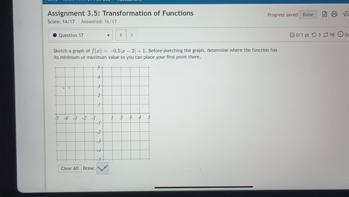 Assignment 3.5: Transformation of Functions Done sqrt(0) 
Progress saved 
Score: 14/17 Answered: 16/17 
Question 17 < > 0/1 ptつ 3 98 Od 
Sketch a graph of f(x)=-0.5|x-2|+1. Before sketching the graph, determine where the function has 
its minimum or maximum value so you can place your first point there. 
Clear All Draw: