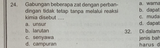 Gabungan beberapa zat dengan perban- a. warna
dingan tidak tetap tanpa melalui reaksi b. dapat
kimia disebut .... c. muda
a. unsur d. dapat
b. larutan 32. Di dalam
c. senyawa jenis bah
d. campuran harus d