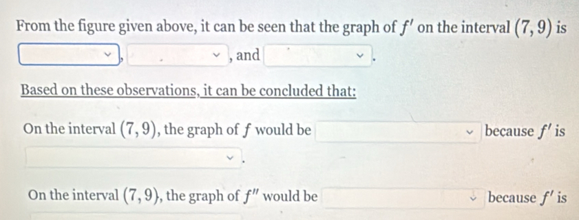 From the figure given above, it can be seen that the graph of f' on the interval (7,9) is 
, and 
Based on these observations, it can be concluded that: 
On the interval (7,9) , the graph of f would be because f' is 
On the interval (7,9) , the graph of f'' would be because f' is