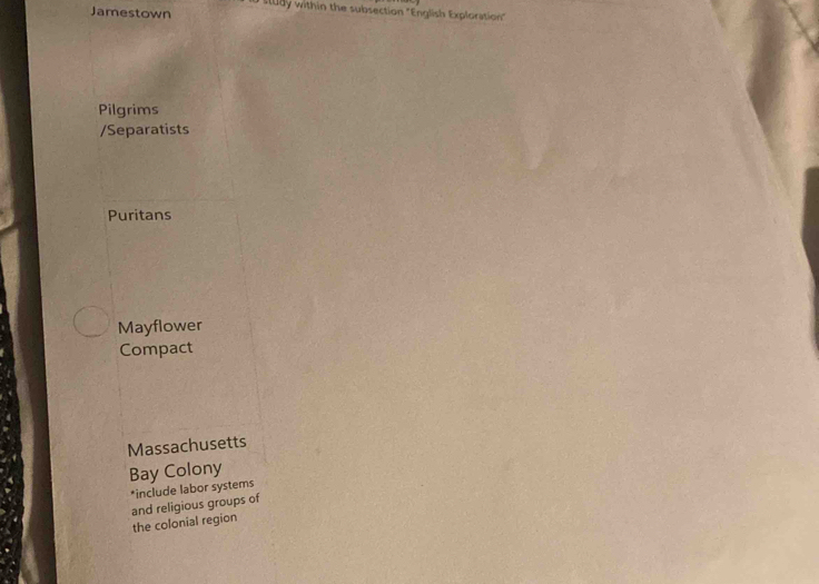 study within the subsection "English Exploration" 
Jamestown 
Pilgrims 
/Separatists 
Puritans 
Mayflower 
Compact 
Massachusetts 
Bay Colony 
*include labor systems 
and religious groups of 
the colonial region