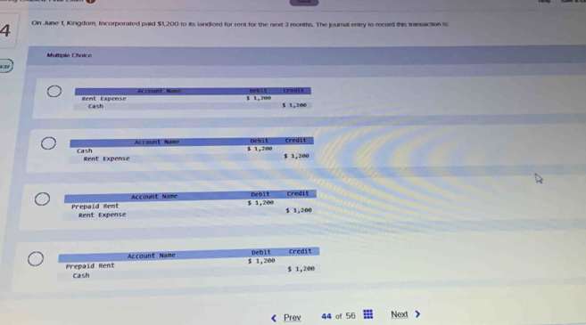 On June 1, Kingdom, incorporated paid $1,200 to its landord for rent for the next 3 months. The journal entry to record this transaction is 
Muïple Chaïce 
) (7 
Debit credit 
Account Nane $ 1, 200
Rent Expense Cash
$ 1,200
Debit Credit 
Account Name $ 1,200
Cash Rent Expense
$ 1,200
Debit Credit 
Account Name $ 1,200
Prepaid Rent Rent Expense
$ 1,200
Account Name Debit Credit 
Prepaid Rent $ 1,200
Cash $ 1,200
Prev 44 of 56 Next )