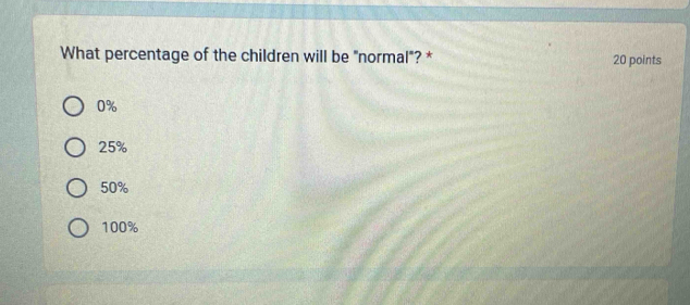 What percentage of the children will be "normal"? * 20 points
0%
25%
50%
100%