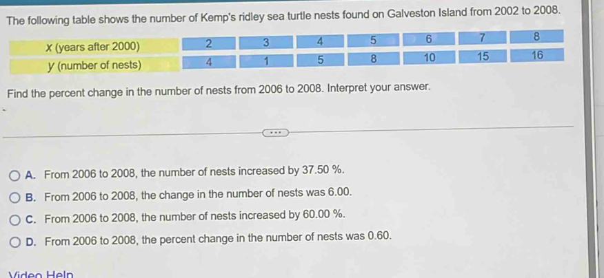 The following table shows the number of Kemp's ridley sea turtle nests found on Galveston Island from 2002 to 2008.
Find the percent change in the number of nests from 2006 to 2008. Interpret your answer.
A. From 2006 to 2008, the number of nests increased by 37.50 %.
B. From 2006 to 2008, the change in the number of nests was 6.00.
C. From 2006 to 2008, the number of nests increased by 60.00 %.
D. From 2006 to 2008, the percent change in the number of nests was 0.60.
Vídeo Heln