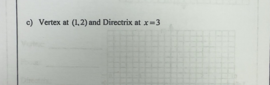 Vertex at (1,2) and Directrix at x=3