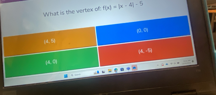 What is the vertex of: f(x)=|x-4|-5