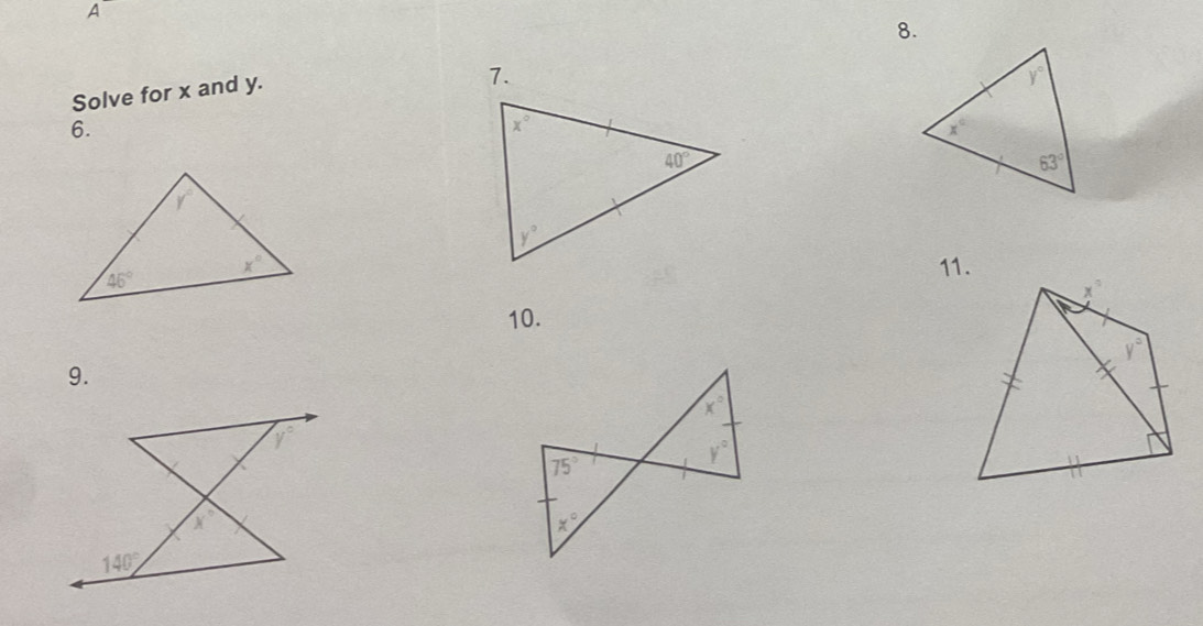 A
8.
Solve for x and y.
7.
6.
11.
10.
9.