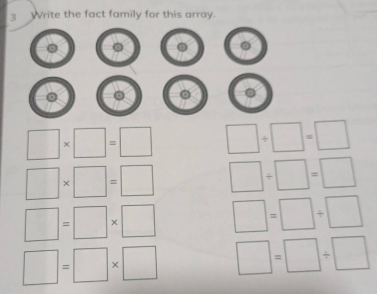 Write the fact family for this array.
.
overline L
11
□ * □ =□
□ / □ =□
□ * □ =□
□ / □ =□
□ =□ * □
□ =□ / □
□ =□ * □
□ =□ / □