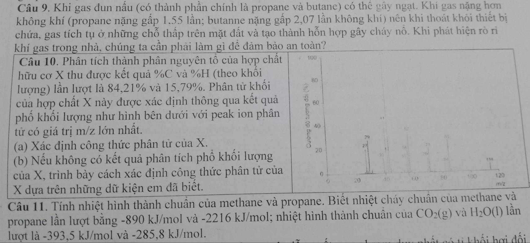 Khi gas đun nấu (có thành phần chính là propane và butane) có thể gây ngạt. Khí gas nặng hơn 
không khí (propane nặng gấp 1,55 lần; butanne nặng gấp 2,07 lần không khí) nên khi thoát khỏi thiết bị 
chứa, gas tích tụ ở những chỗ thấp trên mặt đất và tạo thành hỗn hợp gây cháy nổ. Khi phát hiện rò rì 
khí gas trong nhà, chúng ta cần phải làm gì để đảm bảo an toàn? 
Câu 10. Phân tích thành phân nguyên tổ của hợp chất 
hữu cơ X thu được kết quả % C và % H (theo khối 
lượng) lần lượt là 84, 21% và 15, 79%. Phân tử khối 
của hợp chất X này được xác định thông qua kết quả 
phố khối lượng như hình bên dưới với peak ion phân 
tử có giá trị m/z lớn nhất. 
(a) Xác định công thức phân tử của X. 
(b) Nếu không có kết quả phân tích phổ khối lượng 
của X, trình bày cách xác định công thức phân tử của 
X dựa trên những dữ kiện em đã biết. 
Câu 11. Tính nhiệt hình thành chuẩn của methane và propane. Biết nhiệt cháy chuẩn của methane và 
propane lần lượt bằng -890 kJ/mol và -2216 kJ/mol; nhiệt hình thành chuẩn của CO_2(g) và H_2O(l) lần 
lượt là -393, 5 kJ/mol và -285, 8 kJ/mol. 
té ti khối hợi đối