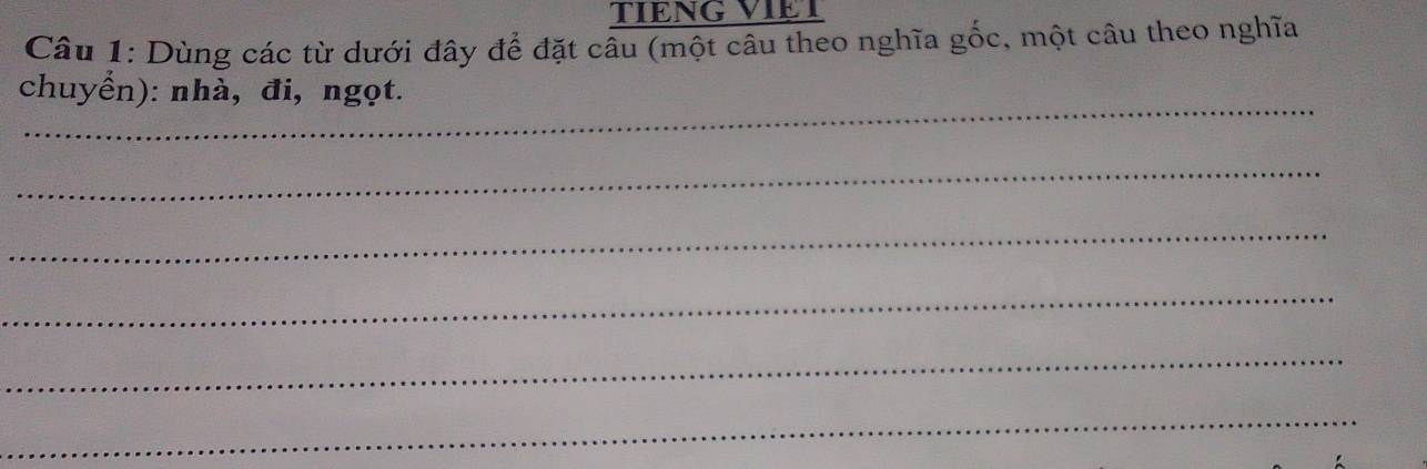 TIENG VIET 
Câu 1: Dùng các từ dưới đây để đặt câu (một câu theo nghĩa gốc, một câu theo nghĩa 
_ 
chuyển): nhà, đi, ngọt. 
_ 
_ 
_ 
_ 
_