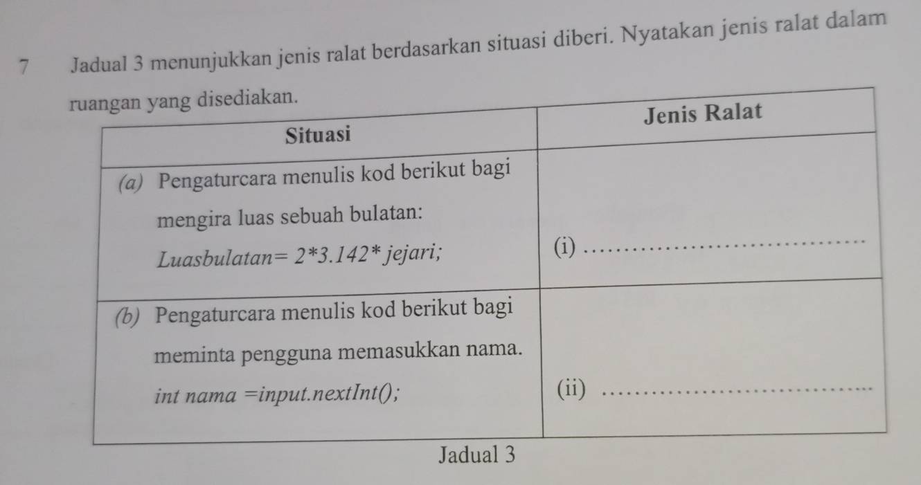 Jadual 3 menunjukkan jenis ralat berdasarkan situasi diberi. Nyatakan jenis ralat dalam