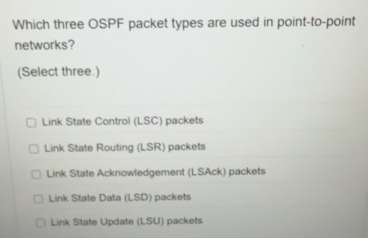 Solved: Which three OSPF packet types are used in point-to-point ...