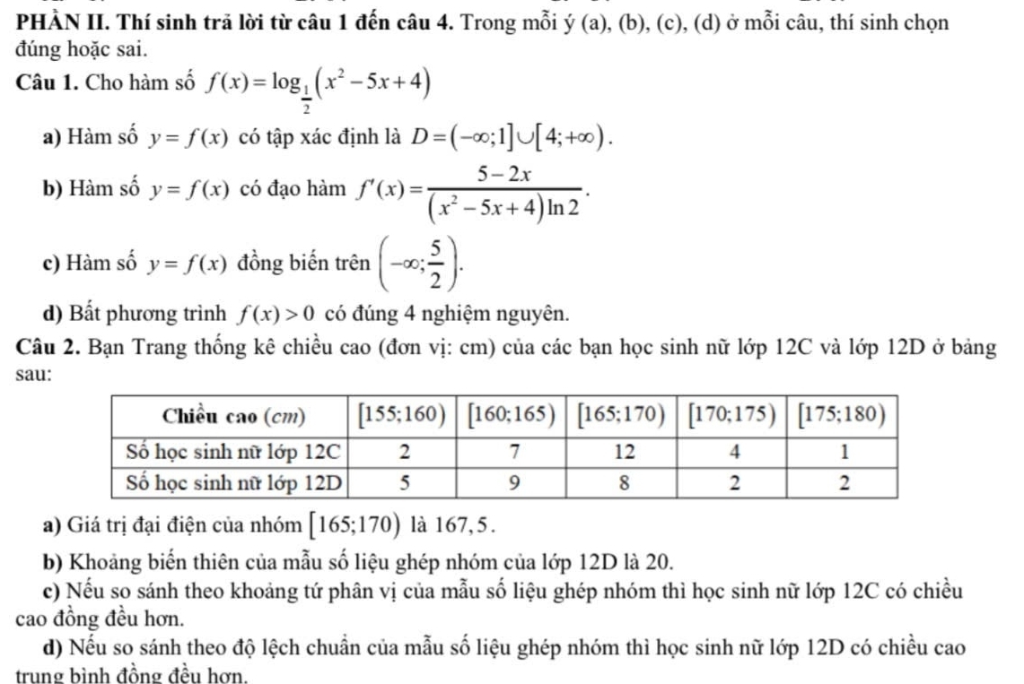 PHÀN II. Thí sinh trả lời từ câu 1 đến câu 4. Trong mỗi y(a),(b),(c),(d) ) ở mỗi câu, thí sinh chọn
đúng hoặc sai.
Câu 1. Cho hàm số f(x)=log _ 1/2 (x^2-5x+4)
a) Hàm số y=f(x) có tập xác định là D=(-∈fty ;1]∪ [4;+∈fty ).
b) Hàm số y=f(x) có đạo hàm f'(x)= (5-2x)/(x^2-5x+4)ln 2 .
c) Hàm số y=f(x) đồng biến trên (-∈fty ; 5/2 ).
d) Bất phương trình f(x)>0 có đúng 4 nghiệm nguyên.
Câu 2. Bạn Trang thống kê chiều cao (đơn vị: cm) của các bạn học sinh nữ lớp 12C và lớp 12D ở bảng
sau:
a) Giá trị đại điện của nhóm [165;170) là 167, 5.
b) Khoảng biến thiên của mẫu số liệu ghép nhóm của lớp 12D là 20.
c) Nếu so sánh theo khoảng tứ phân vị của mẫu số liệu ghép nhóm thì học sinh nữ lớp 12C có chiều
cao đồng đều hơn.
d) Nếu so sánh theo độ lệch chuẩn của mẫu số liệu ghép nhóm thì học sinh nữ lớp 12D có chiều cao
trung bình đồng đều hơn.