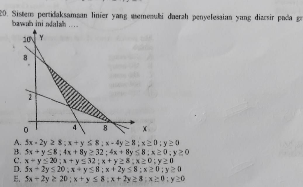 Sistem pertidaksamaan linier yang memenuhi daerah penyelesaian yang diarsir pada gr
bawah ini adalah ....
A. 5x-2y≥ 8; x+y≤ 8; x-4y≥ 8; x≥ 0; y≥ 0
B. 5x+y≤ 8; 4x+8y≥ 32; 4x+8y≤ 8; x≥ 0; y≥ 0
C. x+y≤ 20; x+y≤ 32; x+y≥ 8; x≥ 0; y≥ 0
D. 5x+2y≤ 20; x+y≤ 8; x+2y≤ 8; x≥ 0; y≥ 0
E. 5x+2y≥ 20; x+y≤ 8; x+2y≥ 8; x≥ 0; y≥ 0