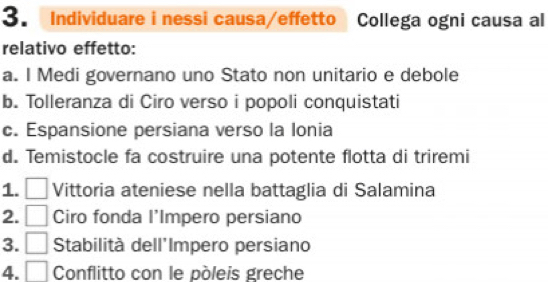 Individuare i nessi causa/effetto Collega ogni causa al 
relativo effetto: 
a. I Medi governano uno Stato non unitario e debole 
b. Tolleranza di Ciro verso i popoli conquistati 
c. Espansione persiana verso la Ionia 
d. Temistocle fa costruire una potente flotta di triremi 
1. □ Vittoria ateniese nella battaglia di Salamina 
2. □ Ciro fonda l'Impero persiano 
3. Stabilità dell'Impero persiano 
4. Conflitto con le pòleis greche