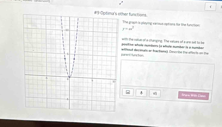 Sanderson eS 
< 
ther functions. 
The graph is playing various options for the function:
y=ax^2
with the value of a changing. The values of a are set to be 
positive whole numbers (a whole number is a number 
without decimals or fractions). Describe the effects on the 
parent function. 
sqrt(± ) Share With Class