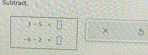 Subtract.
1-5=□
× 6
-6-2=□