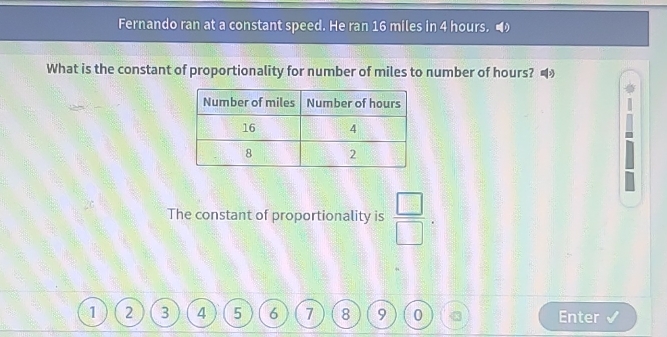 Fernando ran at a constant speed. He ran 16 miles in 4 hours. 
What is the constant of proportionality for number of miles to number of hours? 
The constant of proportionality is  □ /□  .
1 2 3 4 5 6 7 8 9 0 43 Enter