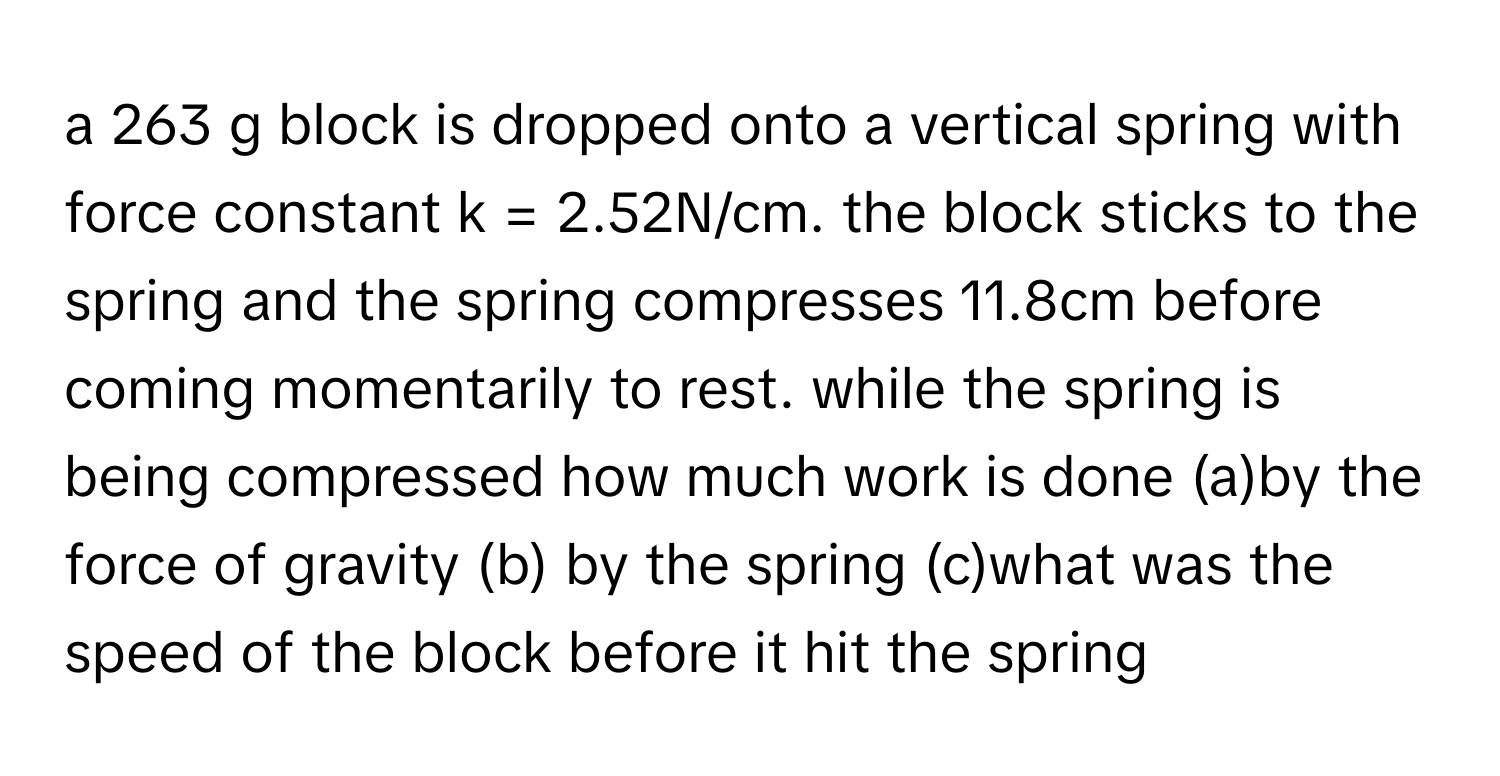 Solved: a 263 g block is dropped onto a vertical spring with force ...