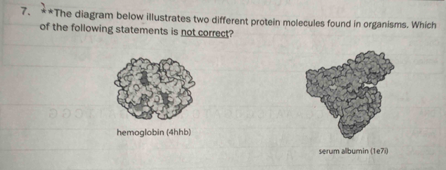 The diagram below illustrates two different protein molecules found in organisms. Which
of the following statements is not correct?
hemoglobin (4hhb)
serum albumin (1e7i)