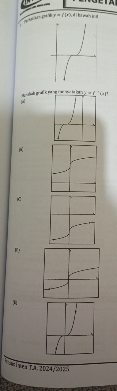 GETAT
Perhatikan grafik y=f(x) , di bawah ini!
Manakah grafik yang menyatakan
(A)
(B)
(C)
(D)
(E)
Prosus Inten T.A. 2024/2025