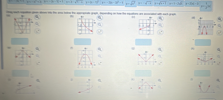 -14= y=-x^2+3 y=-|x-t|+1 y=3-sqrt(1-x) y=(x-1)^2 y=-2(x-3)^2-1 y=sqrt(x^2) y=-sqrt(-x) y=sqrt(x+1) y=1-2sqrt(x) y=2|x|-3 y= 1/2 |x|
trag each equation given above into the area below the appropriate graph, depending on how the equations are associated with each graph. 
(b) A (c) 4
(d 
x 
I
3
-3
a 
; 
: 
6 
。 2
j : 
. 
a 
)