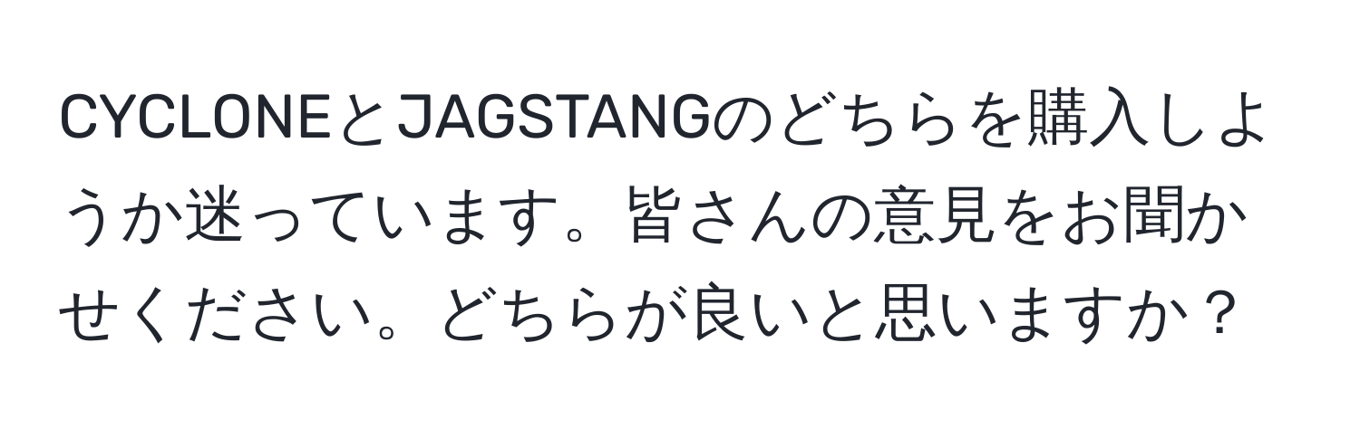 CYCLONEとJAGSTANGのどちらを購入しようか迷っています。皆さんの意見をお聞かせください。どちらが良いと思いますか？