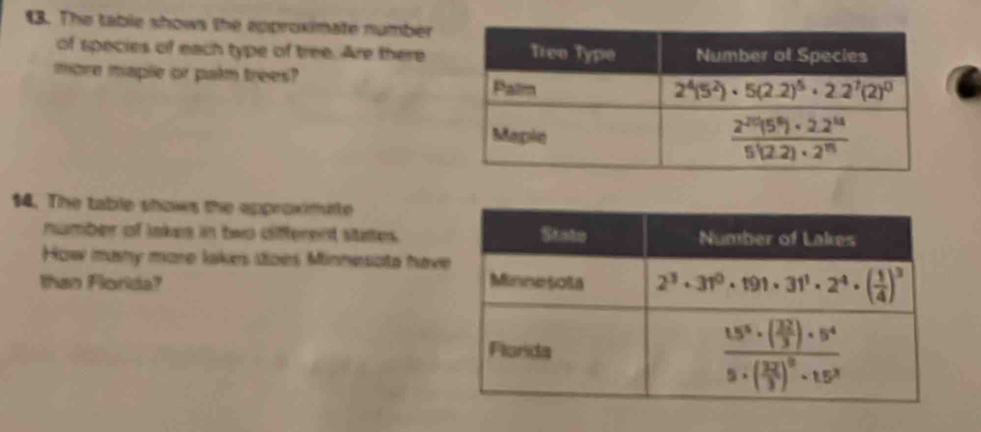 The table shows the epproximate number
of species of each type of tree. Are there
more maple or palm trees?
14. The table shows the approximite
number of lakes in two different states.
How masny more lakes dioes Minnesata hav
than Florida?