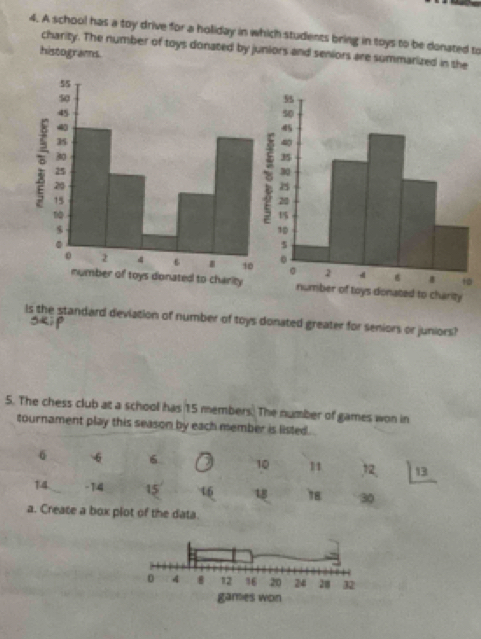 A school has a toy drive for a holiday in which students bring in toys to be donated to 
charity. The number of toys donated by juniors and seniors are summarized in the 
histograms. 
Is the standard deviation of number of toys donated greater for seniors or juniors? 
5. The chess club at a school has 15 members. The number of games won in 
tournament play this season by each member is listed.
6 6 6 5 10 1 13
1.4. - 1.4 15 46 18 18 30
a. Crease a box plot of the data.