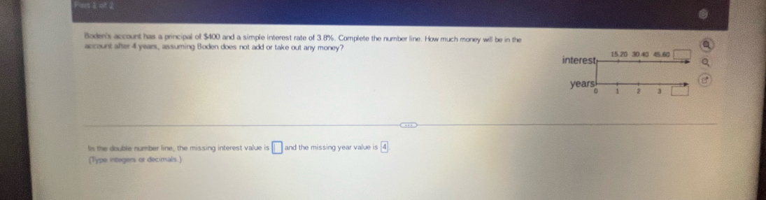 Boden's account has a principal of $400 and a simple interest rate of 3.8%. Complete the number line. How much money will be in the 
account after 4 years, assuming Boden does not add or take out any money? 15.20 30 40 4560
interest 
lis the double number line, the missing interest value is □ and the missing year value is 4. 
(Type integers or decimals.)