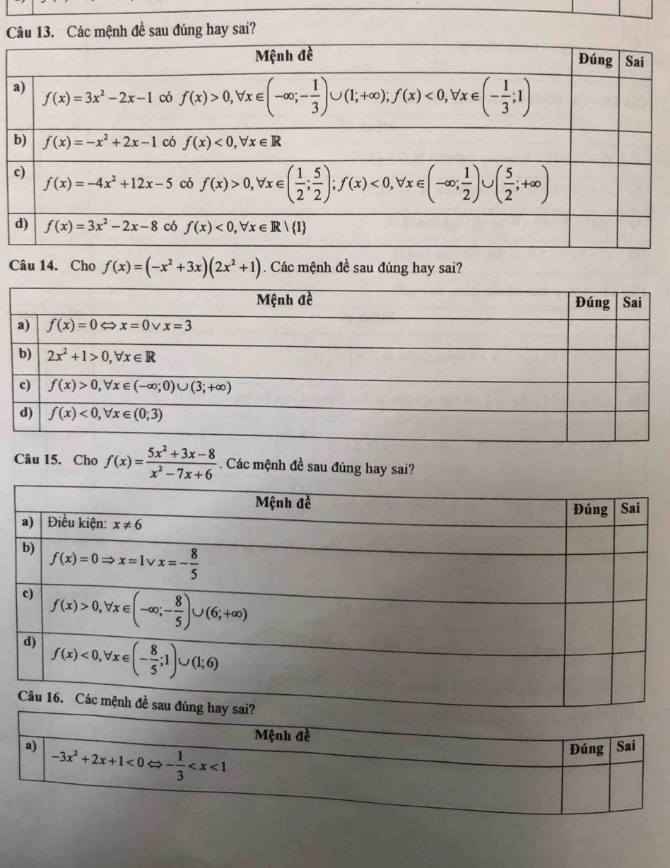 Các mệnh đề sau đúng hay sai?
Câu 14. Cho f(x)=(-x^2+3x)(2x^2+1). Các mệnh đề sau đúng hay sai?
Câu 15. Cho f(x)= (5x^2+3x-8)/x^2-7x+6  Các mệnh đề sau đúng hay sai?