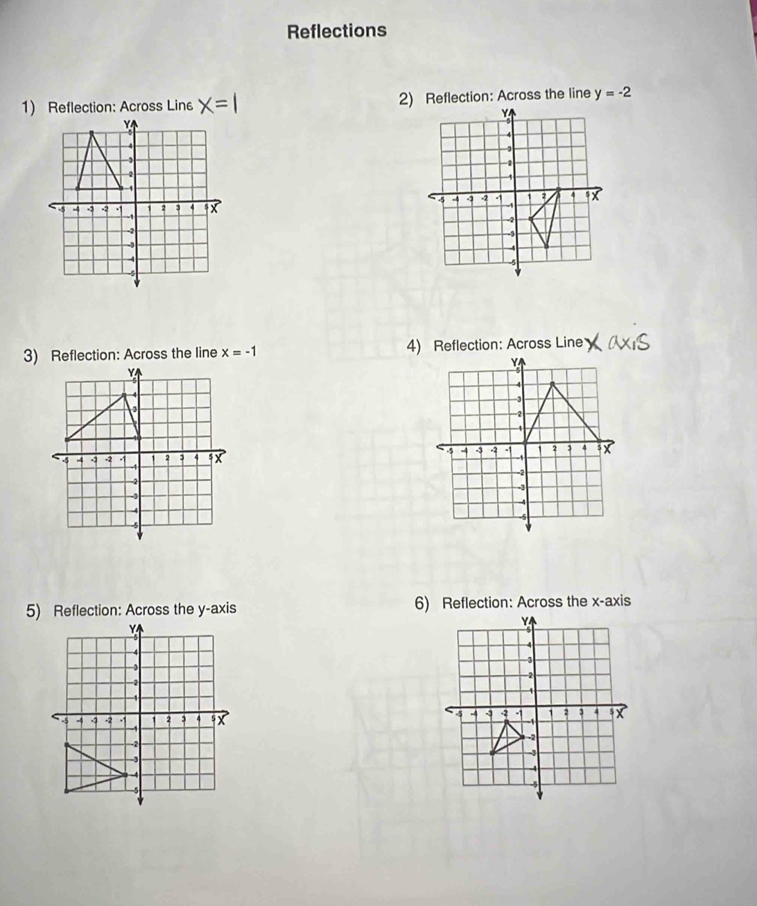 Reflections 
1) Reflection: Across Line x=1 y=-2

x=-1
5) Reflection: Across the y-axis 6) Reflection: Across the x-axis