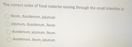 Solved: The correct order of food material moving through the small ...