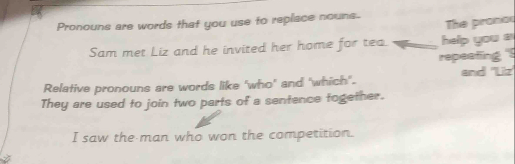 Pronouns are words that you use to replace nouns. 
The prono 
Sam met Liz and he invited her home for tea. help you a 
repeating " 
Relative pronouns are words like 'who' and 'which". and 'Liz' 
They are used to join two parts of a sentence together. 
I saw the man who won the competition.