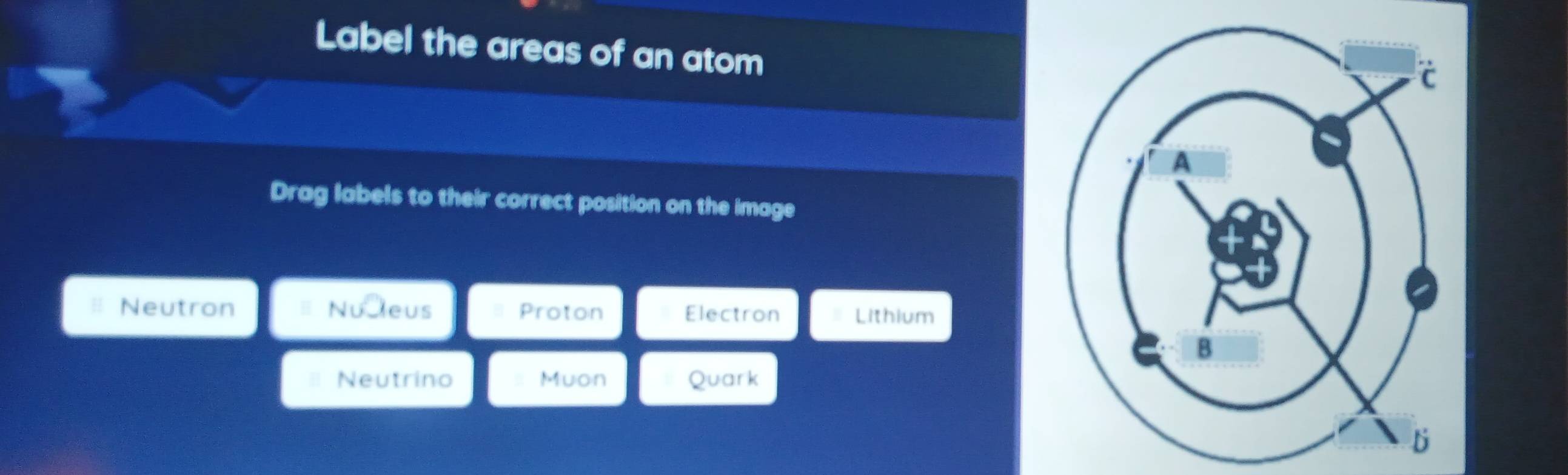 Label the areas of an atom
Drag labels to their correct position on the image
Neutron =Nu eus Proton Electron Lithium
Neutrino Muon Quark