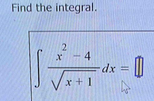 Find the integral.
∈t  (x^2-4)/sqrt(x+1) dx=□