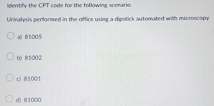 Solved: Identify the CPT code for the following scenario. Urinalysis ...