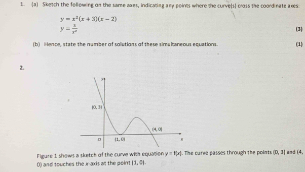 Sketch the following on the same axes, indicating any points where the curve(s) cross the coordinate axes:
y=x^2(x+3)(x-2)
y= 3/x^2 
(3)
(b) Hence, state the number of solutions of these simultaneous equations. (1)
2.
Figure 1 shows a sketch of the curve with equation y=f(x). The curve passes through the points (0,3) and (4,
0) and touches the x-axis at the point (1,0).