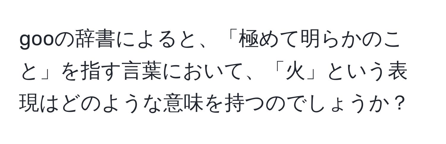 gooの辞書によると、「極めて明らかのこと」を指す言葉において、「火」という表現はどのような意味を持つのでしょうか？