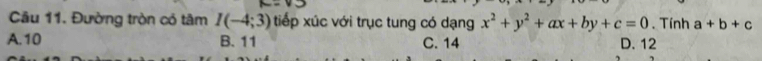 Đường tròn có tâm I(-4;3) tiếp xúc với trục tung có dạng x^2+y^2+ax+by+c=0. Tính a+b+c
A. 10 B. 11 C. 14 D. 12