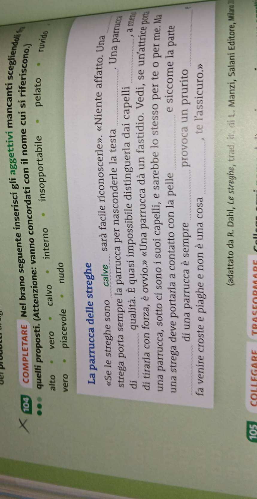 104 COMPLETARE Nel brano seguente inserisci gli aggettivi mancanti scegliendoli 
quelli proposti. (Attenzione: vanno concordati con il nome cui si riferiscono.)
alto vero。 calvo。 interno insopportabile pelato ruvido
a
vero piacevole nudo
La parrucca delle streghe
«Se le streghe sono calve sarà facile riconoscerle». «Niente affatto. Una_
strega porta sempre la parrucca per nasconderle la testa _. Una parrucca
di_
qualità. È quasi impossibile distinguerla dai capelli_
, à mene
di tirarla con forza, è ovvio.» «Una parrucca dà un fastidio. Vedi, se un attrice poma
una parrucca, sotto ci sono i suoi capelli, e sarebbe lo stesso per te o per me. Ma
una strega deve portarla a contatto con la pelle _e siccome la parte
_di una parrucca è sempre _provoca un prurito_
e
fa venire croste e piaghe e non è una cosa_ , te lassicuro.»
(adattato da R. Dahl, Le streghe, trad. it di L. Manzi, Salani Editore, Milano2
105 TDACC∩DMA